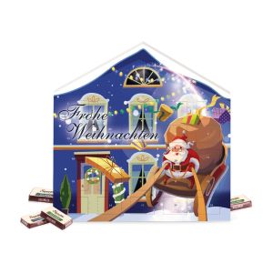 Adventskalender Weihnachtshaus mit Sarotti Schokolade Fairtrade und Rundum-Werbedruck