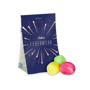 15 g Bunte Kaubonbons mit Brausekern im transparenten Standbeutel mit beidseitig bedruckbarem Werbereiter