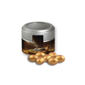 64 g goldene Salted-Caramel-Mandeln in silberner Metalldose Mini mit Sichtfenster und Werbeetikett