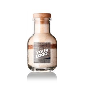 Backmischung Choko Cookies in einer kleinen Flasche mit Werbeetikett