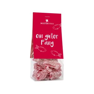 50 g rote Bonbons in Fischform im transparenten Standbeutel mit beidseitig bedruckbarem Werbereiter