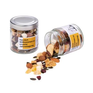Nuss-Frucht-Mischung im Glas mit Banderole