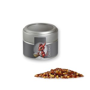 Chili-Salz in silbener Mini Metalldose mit Sichtfenster und Werbebanderole