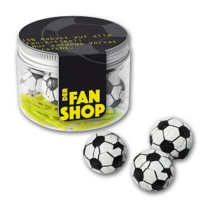 Schokoladenfußbälle und Oblaten-Gras in einer Mini-Dose mit einem individuellen Flügeletikett