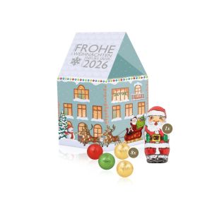 3D Präsent Haus mit Fairtrade Schokolade und Rundum-Werbedruck