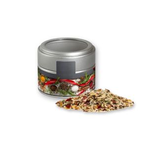 Bio Weihnachts Gewürzmischung Braten in silbener Mini Metalldose mit Sichtfenster und Werbebanderole
