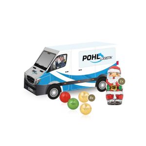 3D Präsent Transporter mit Fairtrade Schokolade und Rundum-Werbedruck