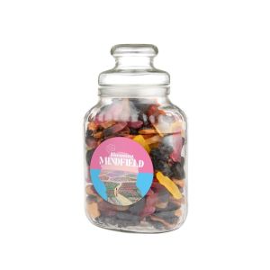 Nostalgisches Bonbonglas befüllt mit Lakritze in PKW-Form und einem Werbeetikett