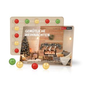 Tisch-Adventskalender mit Fairtrade Schokolade Inlay aus Papier und Rundum-Werbedruck
