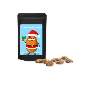 30 g Feuergebrannte Mandeln ohne Zuckerzusatz  im schwarzen Mini Doypack mit Werbeetikett