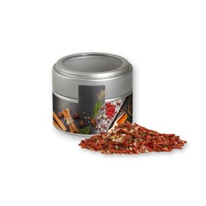 Bio Weihnachts Gewürzmischung Salat in silbener Mini Metalldose mit Sichtfenster und Werbebanderole