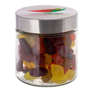 0,9 l Glastiegel befüllt mit Fruchtgummi und Werbedruck