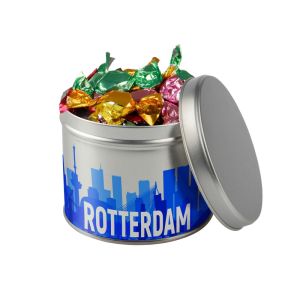 0,6 l silberne Metalldose befüllt mit Metalic sweets und mit Werbedruck