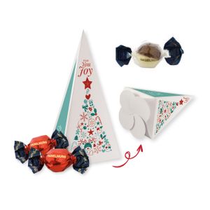 120 g Weihnachtspralinés Tannenbaum mit Milch- und weißer Schokolade in Motivkartonage mit Logodruck
