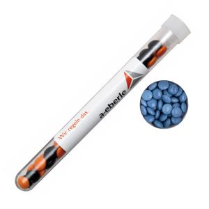 16 g blaue Schoko-Linsen im Reagenzglas mit Werbeetikett