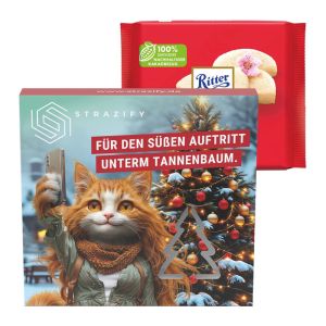 Ritter SPORT Marzipan Schokolade in einer Präsentbox mit einer Tannenbaum-Ausstanzung und Werbedruck