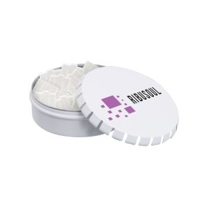 50 g Pfefferminzpastillen in Koffer-Form in Metalldose mit Logodruck