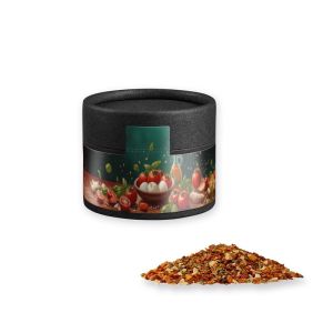 Gewürzmischung Tomate-MozzarellaMeersalz in Kraftpapierdose Mini schwarz mit Werbebanderole