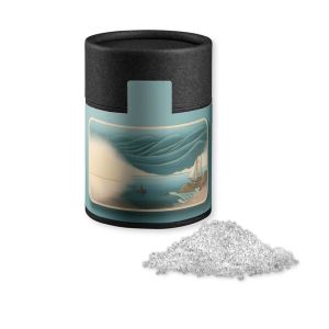 Fleur de Sel in Kraftpapierdose Midi schwarz mit Werbebanderole