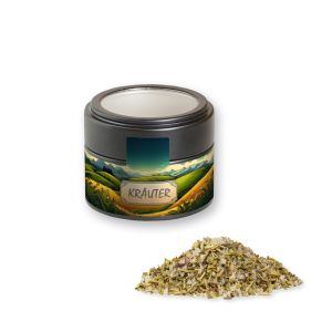 Bio Kräutersalz in schwarzer Mini Metalldose mit Sichtfenster und Werbebanderole
