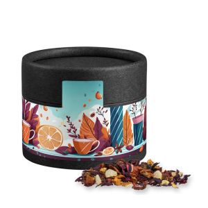 Bio Früchtetee gute Laune in Kraftpapierdose Mini schwarz mit Werbebanderole