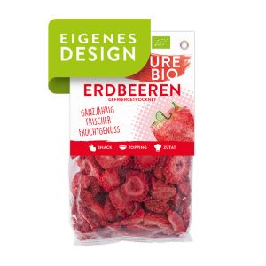 20 g LANDGARTEN Pure Bio Erdbeeren in einem Standbodenbeutel und Werbereiter
