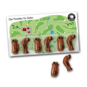 Schoko-Golfset in einer Klarsichtbox mit einer innenliegenden Werbekarte