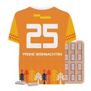 Trikot-Adventskalender Schokoladentäfelchen mit Papierblister und Werbedruck