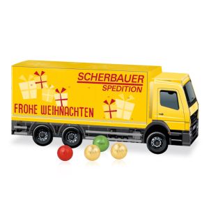 3D Adventskalender LKW mit Fairtrade Schokolade und Werbedruck