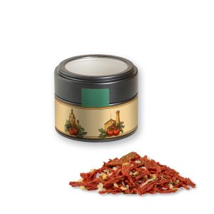 Bio Gewürzmischung Toskanische Bruchetta in schwarzer Mini Metalldose mit Sichtfenster und Werbebanderole