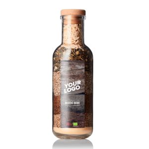Backmischung dänisches nordisches Brot (Nordic brød) in einer Flasche mit Werbeetikett