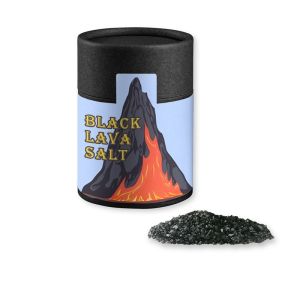 Black Lava Salz in Kraftpapierdose Midi schwarz mit Werbebanderole