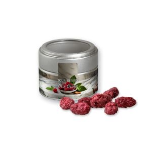 Gebrannte Mandeln Himbeere in silbener Mini Metalldose mit Sichtfenster und Werbebanderole