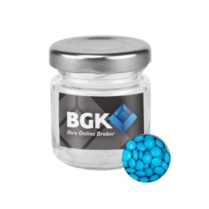 30 g türkise Schoko-Linsen im Mini Glas mit Werbeetikett