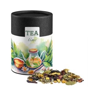 Ayurveda Relax-Tee in Kraftpapierdose Midi schwarz mit Werbebanderole