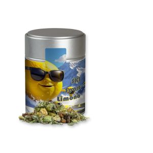 40 g Kräutertee Bergtee & Zitrus in silbener Midi Metalldose mit Werbebanderole