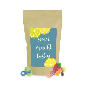 550 g Saure Fruchtgummi-Mischung im Papierdoypack im transparenten Standbeutel mit beidseitig bedruckbarem Werbereiter