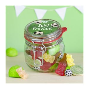 310 g Fußball Fruchtgummi- und Schaumzuckermischung im Weckglas mit Werbeetikett