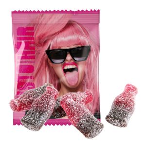 20 g saure Fruchtgummi Cola-Fläschchen im Werbetütchen mit Werbedruck