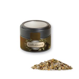 Bio Gewürzmischung Alleskönner in schwarzer Mini Metalldose mit Sichtfenster und Werbebanderole