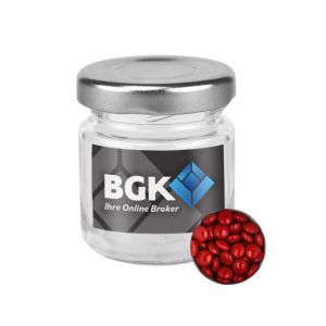 30 g rote Schoko-Linsen im Mini Glas mit Werbeetikett