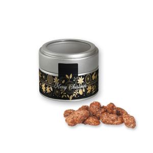 Bio Feuergebrannte Mandeln in silbener Mini Metalldose mit Sichtfenster und Werbebanderole