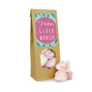 60 g Marshmallow Herzen in brauner Papiertüte mit Sichtfenster und Werbeetikett