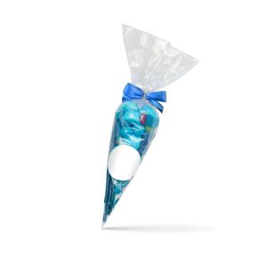 250 g blauer Süßigkeiten-Mix in transparenter Spitztüte mit Clipschleife und Werbeetikett