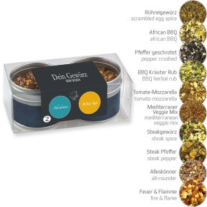 2er Geschenk-Set Premium mit Metalldose mit Sichtfenster mit verschiendenen Gewürzmischungen