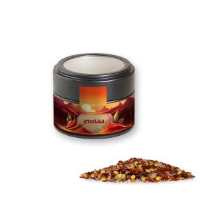 Chili-Salz in schwarzer Mini Metalldose mit Sichtfenster und Werbebanderole