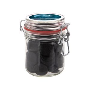 0,4 l Weckglas befüllt mit Lakritz Münzen und mit Werbeetikett