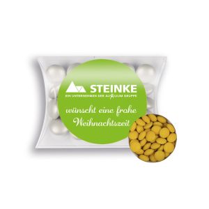 15 g gelbe Schoko-Linsen in Mini-Kissen mit Werbeetikett