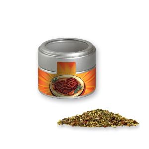 Steakgewürz in silbener Mini Metalldose mit Sichtfenster und Werbebanderole