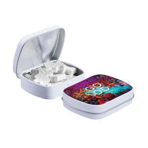 Mini Klappdeckeldose mit Pfefferminz in Windmühlen-Form und Werbedruck